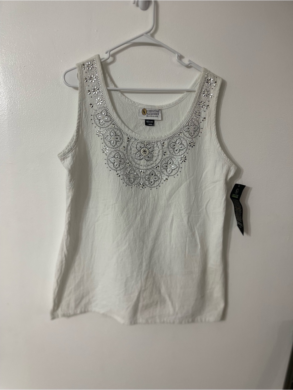 Christine Alexander White Tank Top with Silver Beaded Embroidery